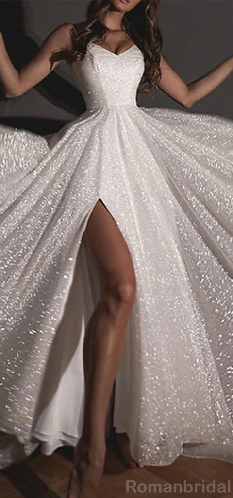 Sparkly Spaghetti Straps A-line Ivory Long Evening Prom Dress with Side Slit, OL064
