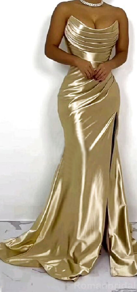 Elegant Sleeveless Mermaid Side Slit Gold Satin Bridesmaid Dresses Online, BG501