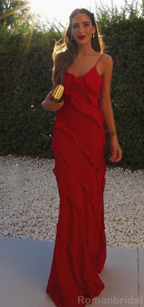 Elegant Spaghetti Straps Mermaid Red Long Evening Prom Dress Online, OL093