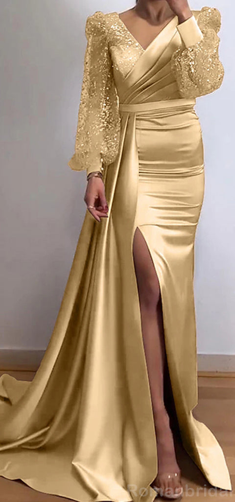 Elegant V-neck Long Sleeves Mermaid Burgundy Evening Prom Dress Online, OL088