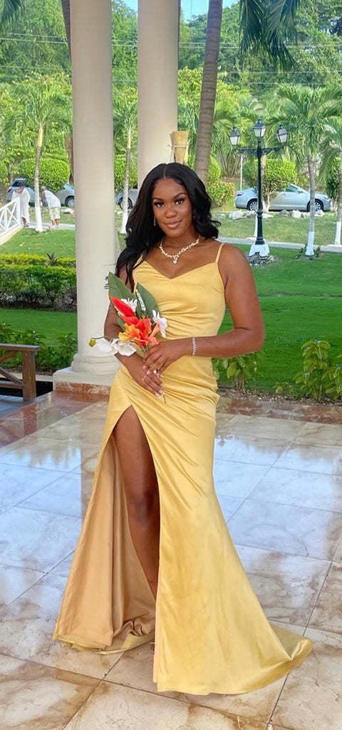 Simple Spaghetti Straps V-neck Side Slit Satin Long Bridesmaid Dresses Online, BG722
