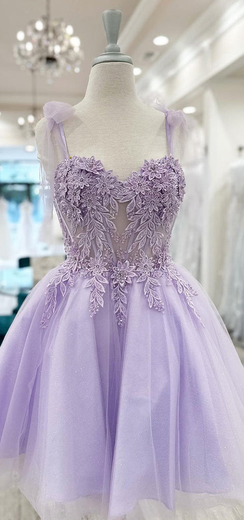 Elegant Spaghetti Straps A-line Tulle Lilac Short Homecoming Dresses Online, HD0760