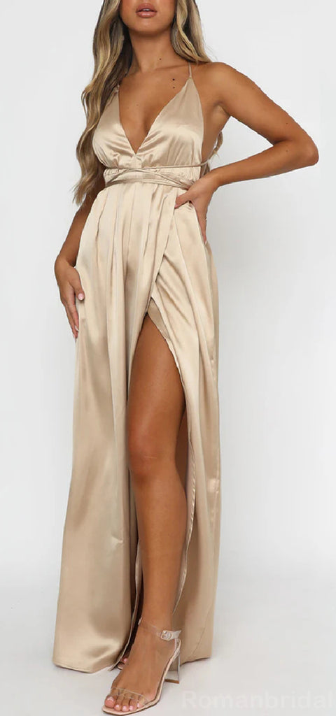 Simple Spaghetti Straps V-neck Side Slit Satin Bridesmaid Dresses, BG512