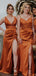 Mismatched Spaghetti Straps Side Slit V-neck Mermaid Satin Burnt Orange Long Bridesmaid Dresses Online, BG747