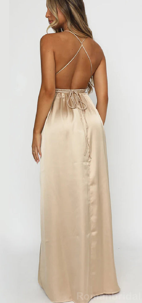 Simple Spaghetti Straps V-neck Side Slit Satin Bridesmaid Dresses, BG512