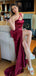 Elegant One Shoulder Mermaid Side Slit Burgundy Satin Bridesmaid Dresses Online, BG478