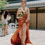 Mismatched Spaghetti Straps Side Slit V-neck Mermaid Satin Burnt Orange Long Bridesmaid Dresses Online, BG747