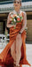 Mismatched Spaghetti Straps Side Slit V-neck Mermaid Satin Burnt Orange Long Bridesmaid Dresses Online, BG747