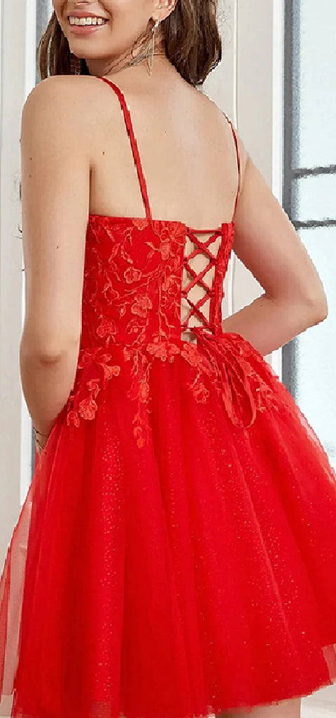 Elegant Spaghetti Straps A-line Red Tulle Short Homecoming Dresses Online, HD0717