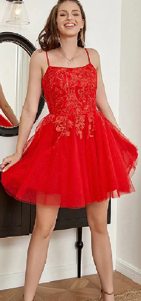 Elegant Spaghetti Straps A-line Red Tulle Short Homecoming Dresses Online, HD0717