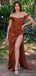 Elegant Off the Shoulder Mermaid Side Slit Burnt Orange Satin Bridesmaid Dresses Online, BG494