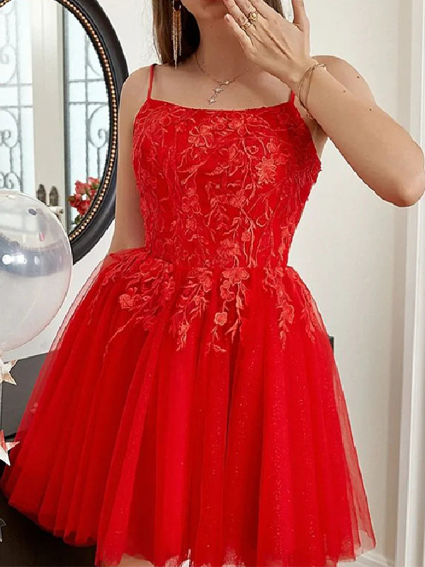 Elegant Spaghetti Straps A-line Red Tulle Short Homecoming Dresses Online, HD0717