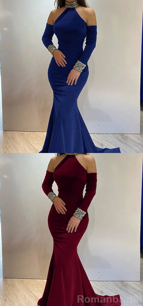 Elegant Halter Long Sleeves Mermaid Royal Blue Velvet Evening Prom Dress Online, OL078