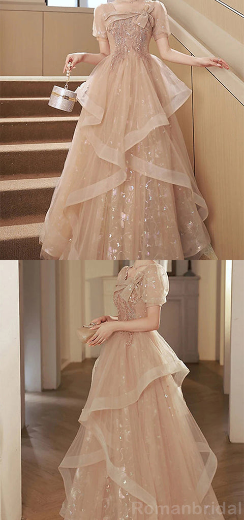 Elegant Short Sleeves A-line Tulle Champagne Evening Prom Dress Online, OL077