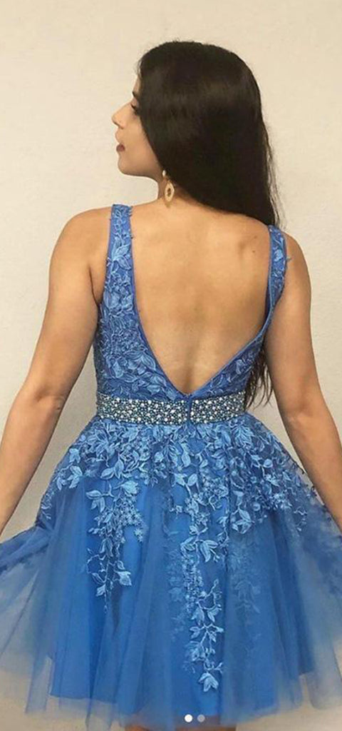 Elegant V-neck A-line Applique Tulle  Homecoming Dresses Online, HD0710