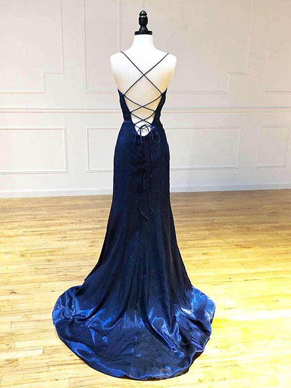 Elegant Spaghetti Straps Mermaid Side Slit Royal Blue Evening Prom Dress Online, OL097