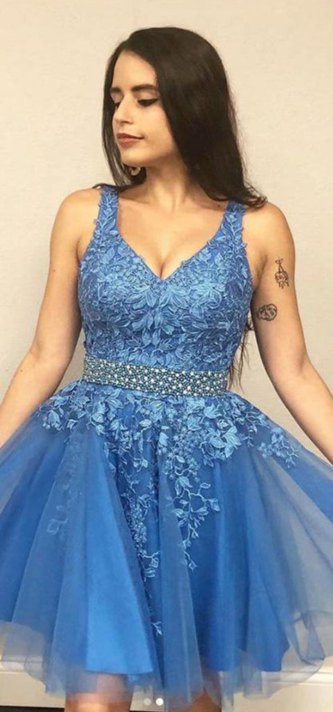 Elegant V-neck A-line Applique Tulle  Homecoming Dresses Online, HD0710