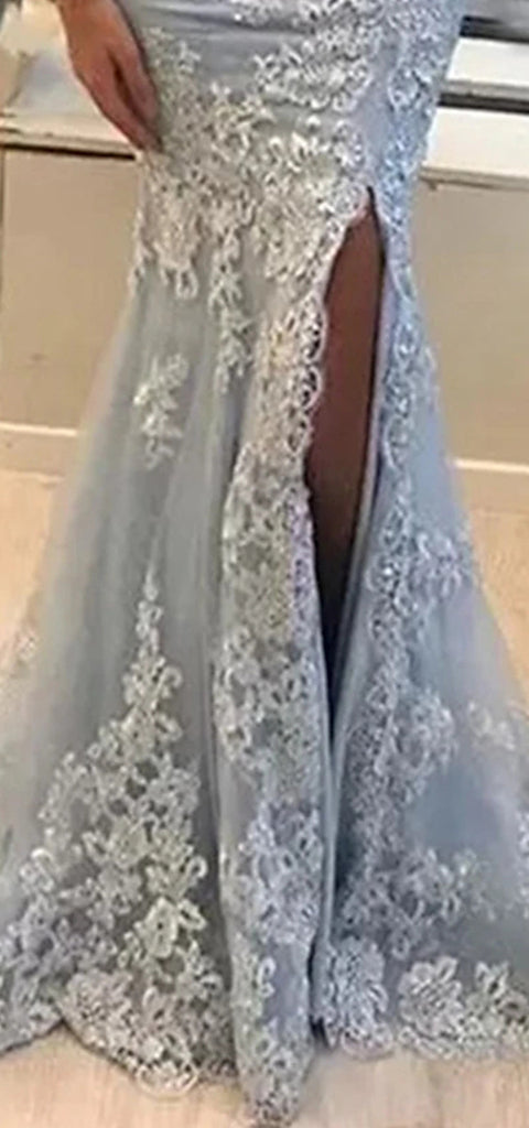 Elegant Off Shoulder Mermaid Side Slit Applique Tulle Long Prom Dress Online, OL242