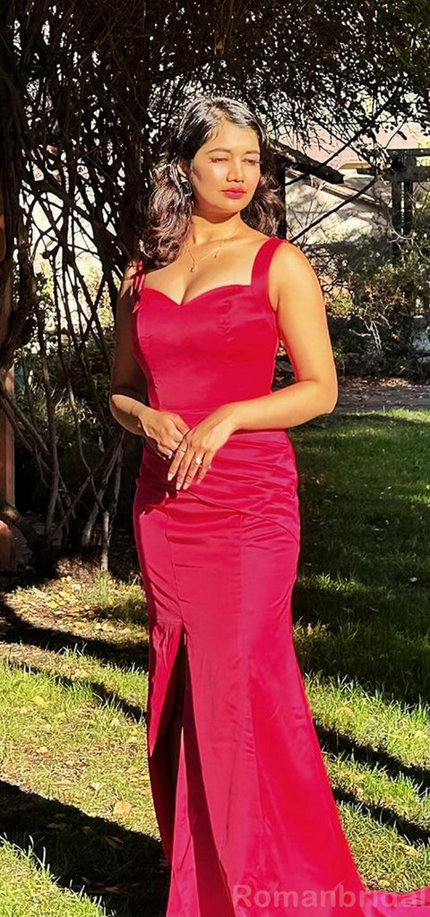 Elegant Straps Mermaid Side Slit Satin Bridesmaid Dresses Online, BG480