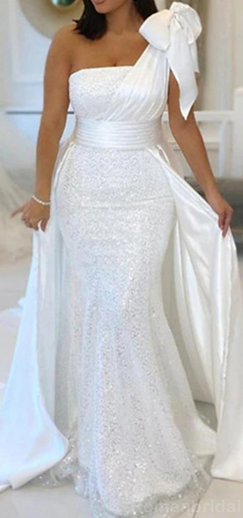 Sparkly Mermaid One Shoulder Sleeveless White Sequins Long Evening Prom Dress, OL183