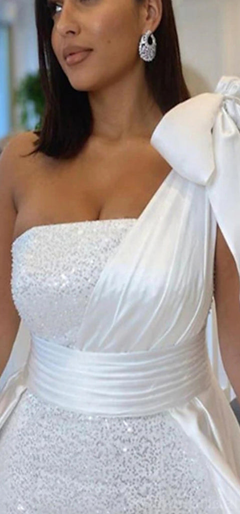 Sparkly Mermaid One Shoulder Sleeveless White Sequins Long Evening Prom Dress, OL183