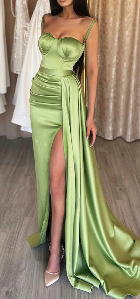 Elegant Sweetheart Spaghetti Straps Mermaid Side Slit Satin Long Bridesmaid Dresses with Trailing, BG601