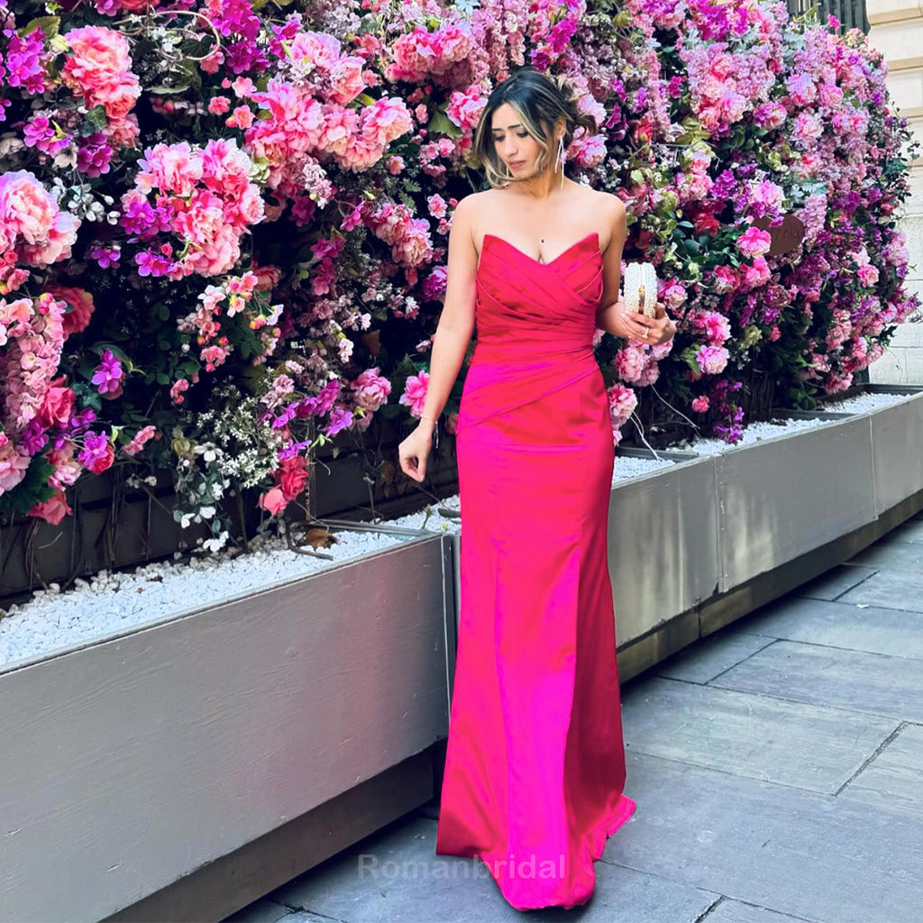 Simple V-neck Sleeveless Mermaid Long Fuchsia Satin Bridesmaid Dresses Online, BG447