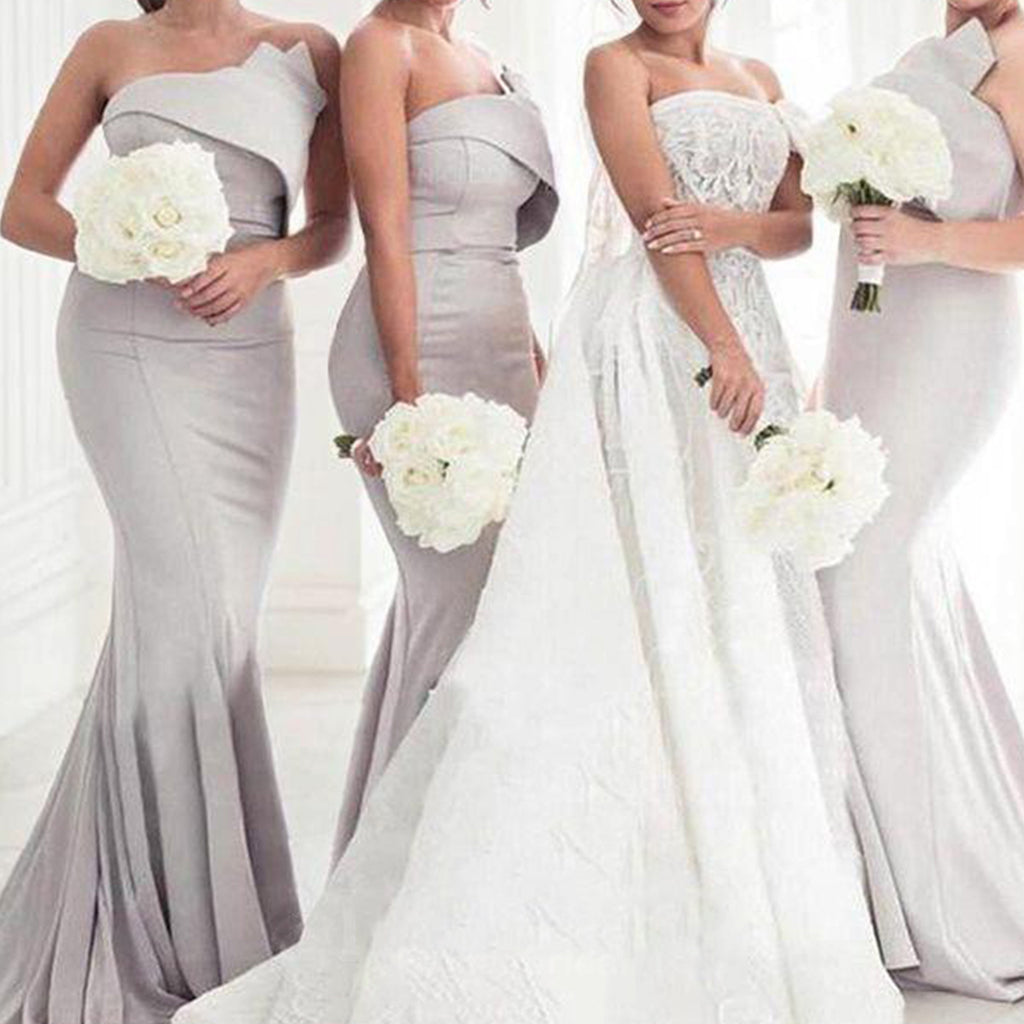 Sexy Mermaid Sleeveless Silver Satin Bridesmaid Dresses Online, BG504