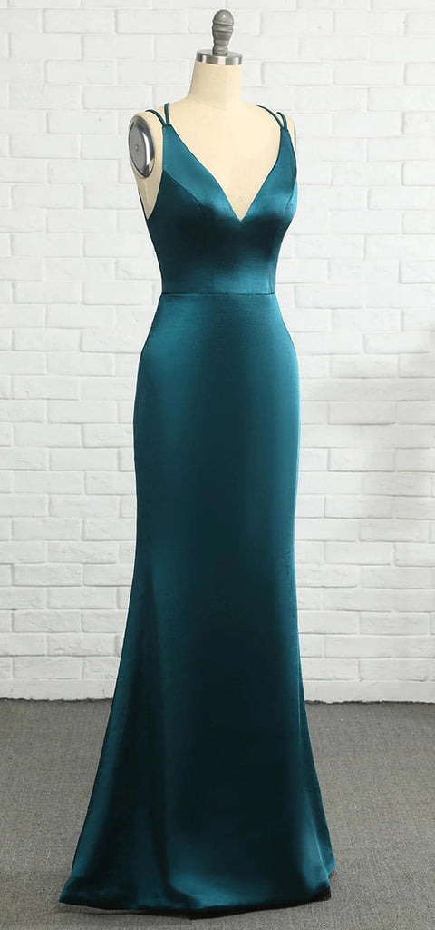 Elegant Spaghetti Straps V-neck Mermaid Satin Jade Long Bridesmaid Dresses Online, BG802