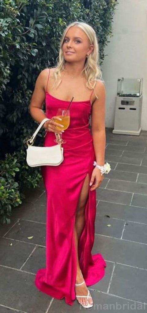 Elegant Spaghetti Straps Mermaid Fuchsia Long Evening Prom Dress, OL119