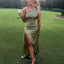 Simple One Shoulder Mermaid Side Slit Satin Dusty Sage Bridesmaid Dresses Online, BG468