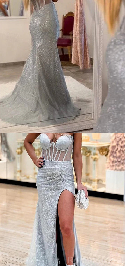 Sparkly Sweetheart Mermaid Ivory Long Evening Prom Dress with Side Slit, OL061
