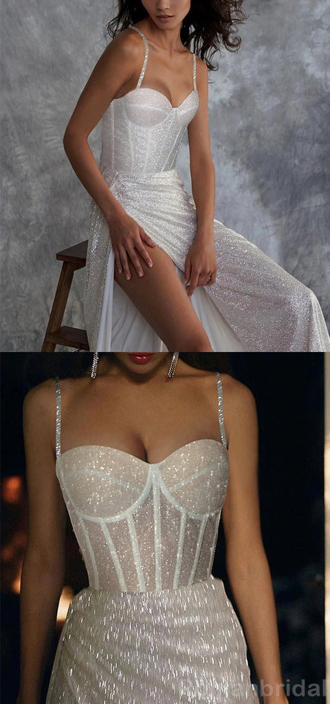 Sparkly Spaghetti Straps Mermaid White Long Evening Prom Dress with Side Slit, OL060