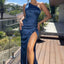Simple One Shoulder Mermaid Side Slit Satin Royal Blue Bridesmaid Dresses, BG532