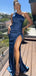 Simple One Shoulder Mermaid Side Slit Satin Royal Blue Bridesmaid Dresses, BG532