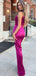Simple Off Shoulder Mermaid Front Slit Satin Fuchsia Bridesmaid Dresses, BG533