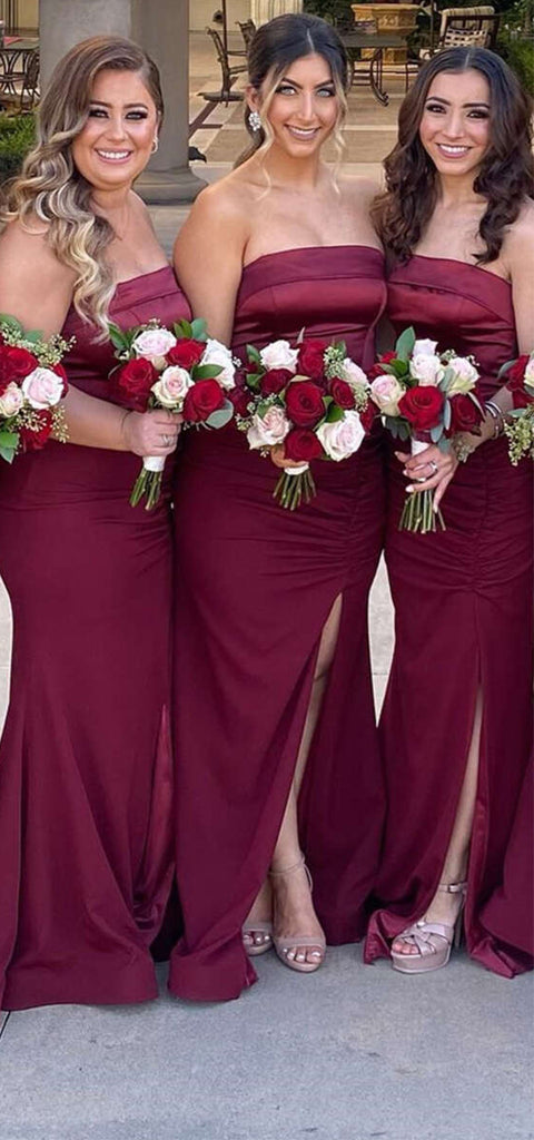 Elegant Straight Neck Side Slit Mermaid Satin Side Slit Burgundy Long Bridesmaid Dresses Online, BG803