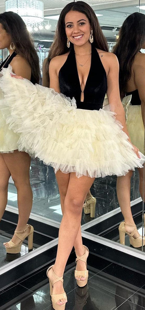 Sexy A-line Halter Black Tulle Short Homecoming Dresses Online, HD0771