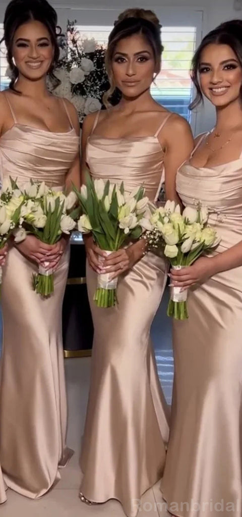 Sexy Taupe Spaghetti Straps Mermaid Satin Long Bridesmaid Dresses Online, BG505