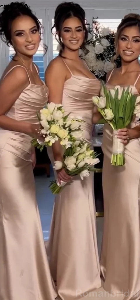 Sexy Taupe Spaghetti Straps Mermaid Satin Long Bridesmaid Dresses Online, BG505