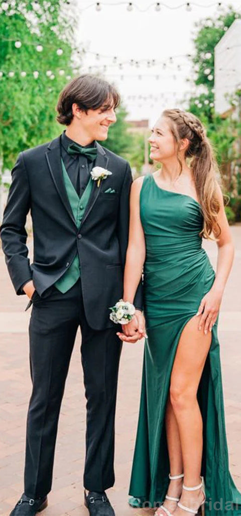 Elegant One Shoulder Mermaid Dark Green Long Evening Prom Dress with Side Slit, OL134