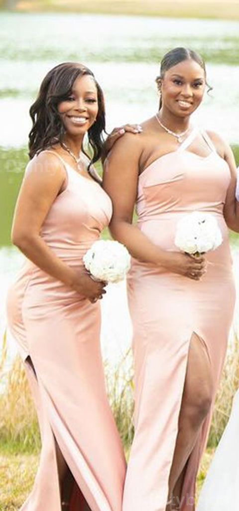 Mismatched One Shoulder Side Slit Mermaid Blushing Pink Satin Long Bridesmaid Dresses Online, BG739