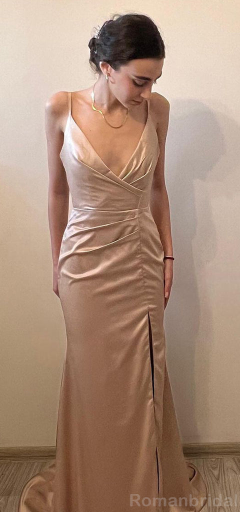 Simple Spaghetti Straps V-neck Mermaid Side Slit Taupe Satin Bridesmaid Dresses, BG484
