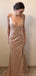 Simple Spaghetti Straps V-neck Mermaid Side Slit Taupe Satin Bridesmaid Dresses, BG484