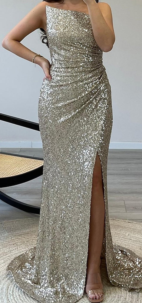 Shinning Mermaid Sleeveless Side Slit Silver Evening Prom Dress, OL192