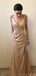 Simple Spaghetti Straps V-neck Mermaid Side Slit Taupe Satin Bridesmaid Dresses, BG484