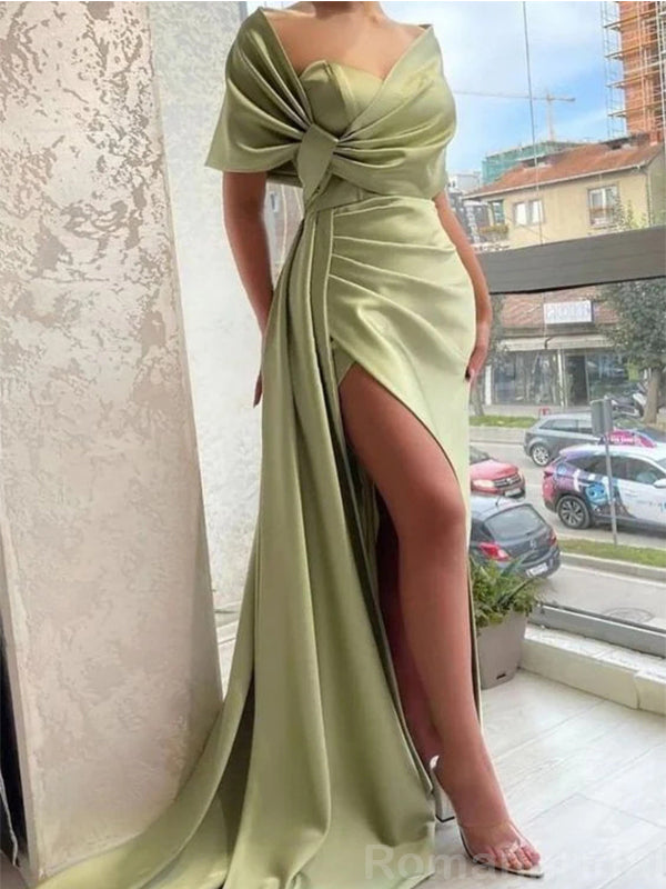 Elegant Off Shoulder Mermaid Sage Side Slit Satin Evening Prom Dress with Side Slit, OL112