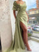 Elegant Off Shoulder Mermaid Sage Side Slit Satin Evening Prom Dress with Side Slit, OL112