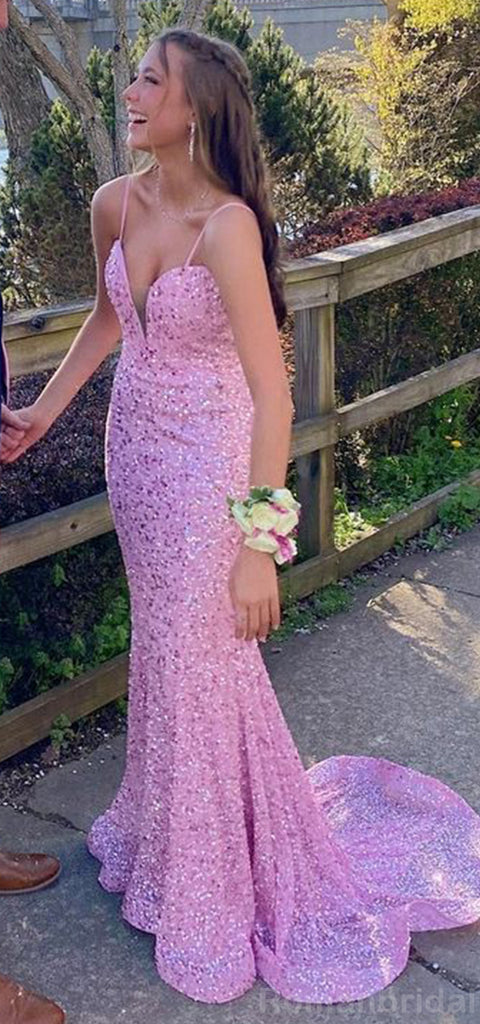 Sexy Spaghetti Straps V-neck Mermaid Pink Sequins Long Evening Prom Dress Online, OL138