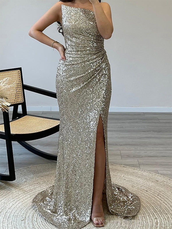 Shinning Mermaid Sleeveless Side Slit Silver Evening Prom Dress, OL192